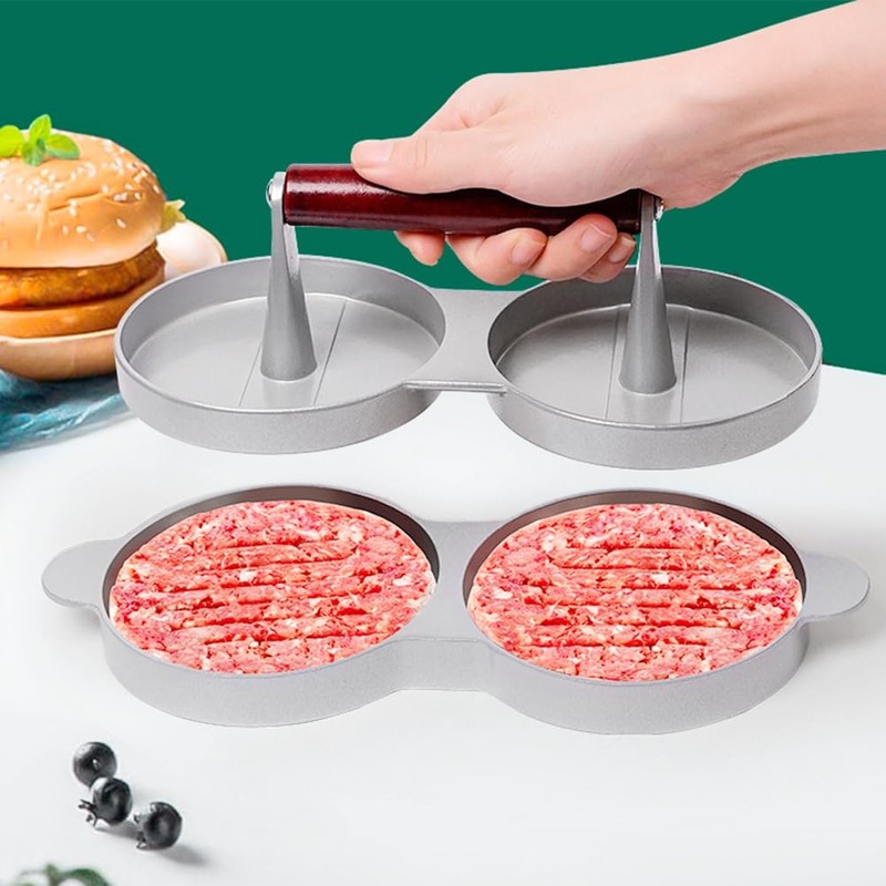 Double Hamburger, Aluminium Alloy Burger Patty Maker with Wooden Handle,