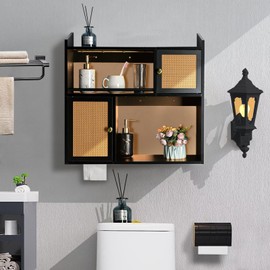 Bloddream Bathroom Cabinet Wall Mounted with Light, Two-Door Adjustable, Toilet Space Saver Storage, Floating Shelves for Home Decor (Black), 23.6