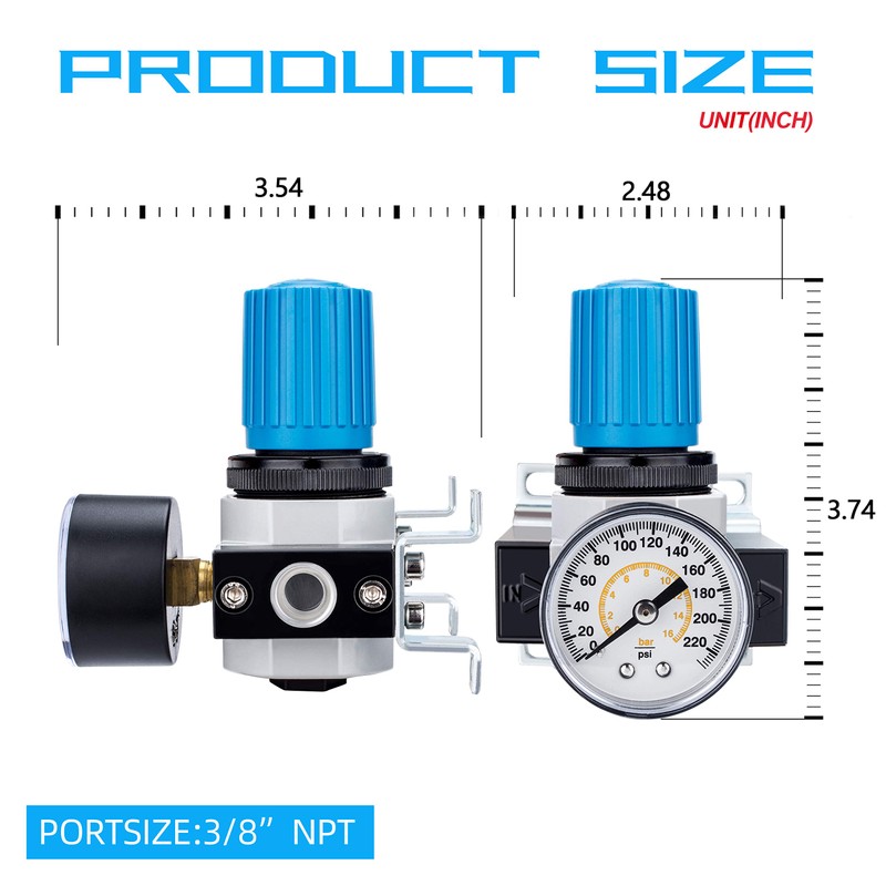 NANPU 3/8" NPT High Pressure Air Regulator with Steel-Protected Gauge,