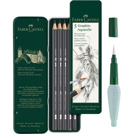 Faber-Castell Art and Graphic (Aquarelle Monochrome Set) with Water Tank Brush and Watercolour Pencils Graphite Watercolour Contents HB, 2B, 4B, 6B, 8B