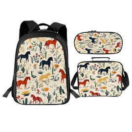 Trimety Horses Backpack Set 3 Piece School Bags and Lunch Box with Pencil Case Horse Cactus Bookbag Set for Toddler Kids Girls Boys Teens Kindergarten Elementary Middle