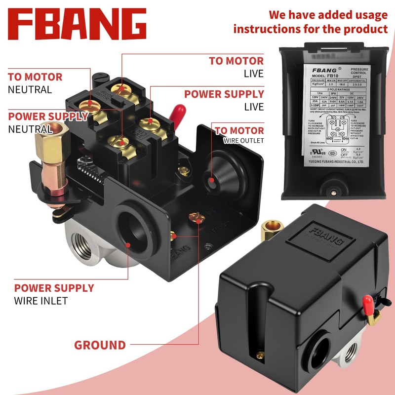 FBANG Air Compressor Pressure Switch Control Valve, 90-120PSI Pressure Regulator