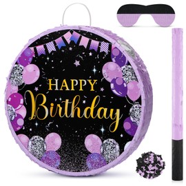Birthday Pinata Happy Birthday Pinata with Stick Blindfold and Confetti for Boys Girls Men Women Birthday Party Supplies (Purple)
