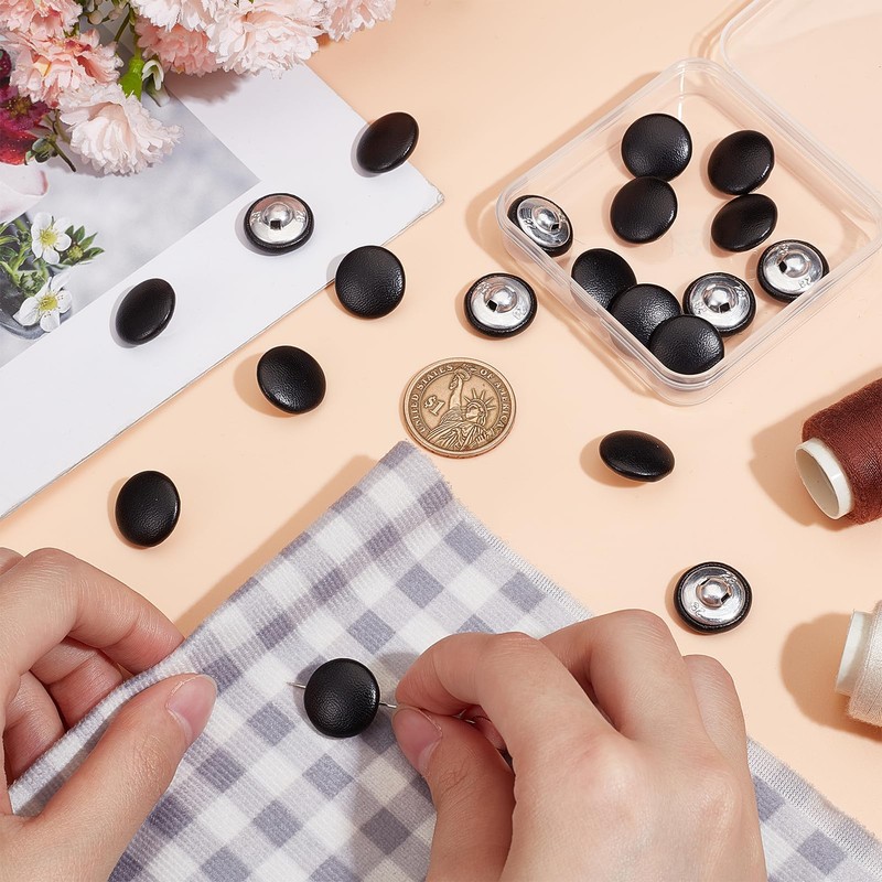 letsinstyle 20 PCS 18mm Faux Leather Covered Buttons, Black Round