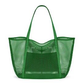KALIDI FANCY FOREST Foldable Mesh Beach Bag with Zip, 27L Large Mesh Tote Bags for Women Ladies Summer Beach Tote Bag for Holiday Travel,Green