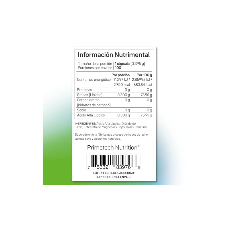 Primetech Nutrition Ácido Alfa Lipoico ALA 600 mg 100 Cápsulas
