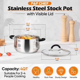 P&P CHEF Stainless Steel Stock Pot, 4 Qt Cooking Soup Pot with Visible Lid for Pasta, Tri-Ply Bottom & Dual Heatproof Handles, For Induction Gas All Stoves, Non-Toxic & Dishwasher Safe