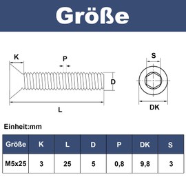 Zuyya Countersunk Screws M5 x 25 mm Hexagon Socket Drive Black Screws Stainless Steel A2 V2A Countersunk Screws Full Thread with Allen Key Pack of 20