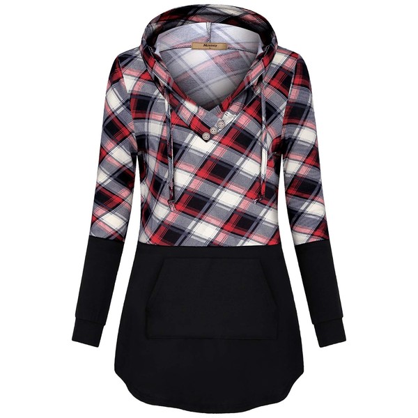 Miusey Vintage Clothes,Womens Checked Print Drawstring Hoodies Cute Kangaroo Pocket