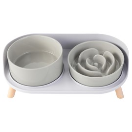 Elevated Slow Feeder Dog Bowls - Ceramic Food and Water Bowl Set with Stand - Raised Pet Dishes for Small and Medium Sized Dogs