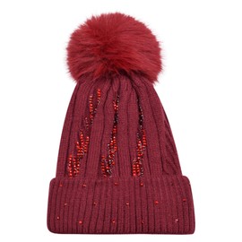 ArkXani Women's Fleece Lined Knitted Beanie Hat with Faux Fur Pompom, Zigzag Pattern (Maroon)
