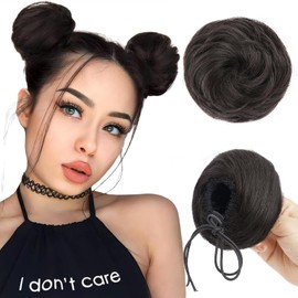 Foaoit Space Bun Hair Pieces for Women 2 PCS Natural Fake Hair Bun Extension Synthetic Drawing Bun Hair Pieces for Updos Hairpieces for Cospaly Wedding Daily Party (Darkest Brown Tend to Black)