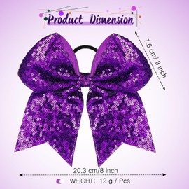 2 Packs Jumbo Cheerleading Bow 8 Inch Cheer Hair Bows Large Cheerleading Hair Bows with Ponytail Holder for Teen Girls Softball Cheerleader Outfit Uniform (Sequin Purple)