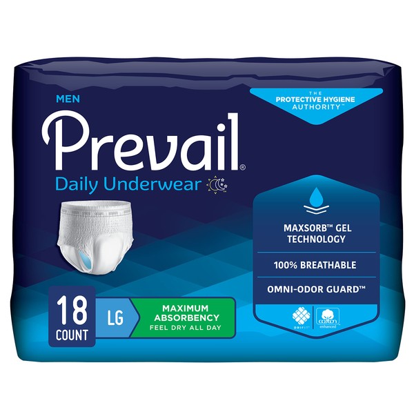 Prevail Incontinence Protective Underwear for Men, Maximum Absorbency, Large, 18 Count