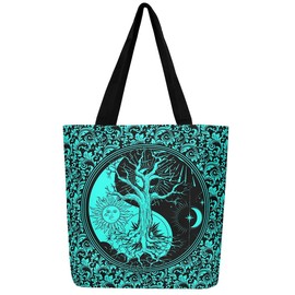 Loussiesd Sun Moon Canvas Tote Bags 50x40cm for Women Gifts Boho Exotic Life Tree Reusable Grocery Bag for Shopping Gym Bohemian Botanical Travel Beach Bag Galaxy