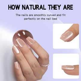 Yivaiks Short Square Cat Eye Press on Nails Nude Moonlight Fake Nails with Glue on Nails(MY-24DFX009)30 Nail Kit with Glue