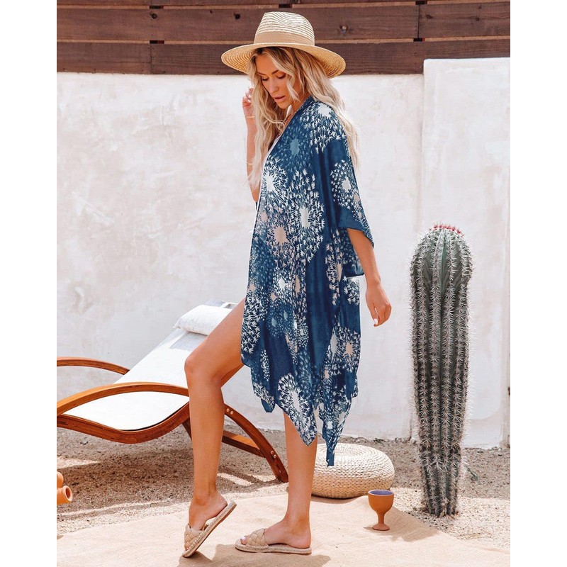 Women's Beach Hawaii Flowy Dress Kimono Cardigans Summer Bikini Coverups(04-Blue