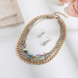 Bocar Necklace for Women Trendy, 3 Layer Crystal Beaded Collar Necklace Earrings Jewelry Set, Fashion Statement Women Necklace, Party Gifts for Her (NK-10740-Green-Set)