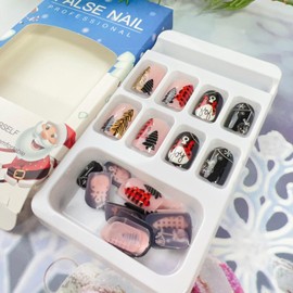 24Pcs Christmas Press on Nails Short Square Fake Nails Black Red Christmas French Acrylic Nails Press on Glossy Short Glue on Nails with Christmas Tree Designs Winter Artificial Nails for Women Girls