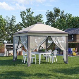 Outsunny 11' x 11' Pop Up Gazebo, Instant Canopy Tent with Solar LED Light, Remote Control, Netting and Carrying Bag for Backyard Garden Patio, Beige