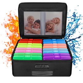ENGPOW Fireproof Photo Storage Box with 16 Inner 4" x 6" Photo Cases(Multi-Colored), Photo Organizer with Lock, Collapsible Portable Photo Safe Containers with Handle for Photos, Picture, Craft