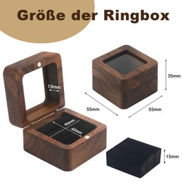MUCOOS Ring Box, Wedding Ring Box, Square Ring Box Made of Walnut with Transparent Window and Black Velvet Trim - Ring Box with Two Ring Slots, Engagement