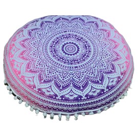 CRAFT KALA Round Mandala Boho Pillow Meditation India Room Seating Poufs for Living Room Yoga Room Home Décor Bedroom Balcony Garden Party Decoration Cotton Floor Cushion Cover (32", Pink Ombre)