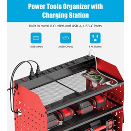 CCCEI Modular Power Tools Organizer with USB Charging Station, 4 Layer Drills and Battery Storage Wall Mount, Garage Shop Organization, Anniversary, Birthday, Gifts for Men, Father, 6FT Cord, Red.
