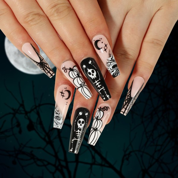 Brishow False Nails Halloween Decorations Press on Nails Black Spider Nails Stick On Nails Ghost Nails Ballerina Acrylic Long 24 Pieces for Women Girls