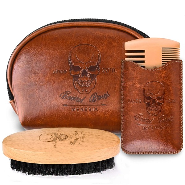 Menesia Beard Brush and Comb Set, Boar Bristle Hair Beard