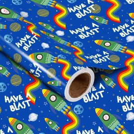 LeZakaa Rocket Birthday Wrapping Paper Roll for Boys Men, Rocket with Word HAVE A BLAST Blue Design for Birthday, Baby Shower for Kids, Boys, Mini Roll, 17 inches x 32.8 Feet (46.45 sq.ft.)