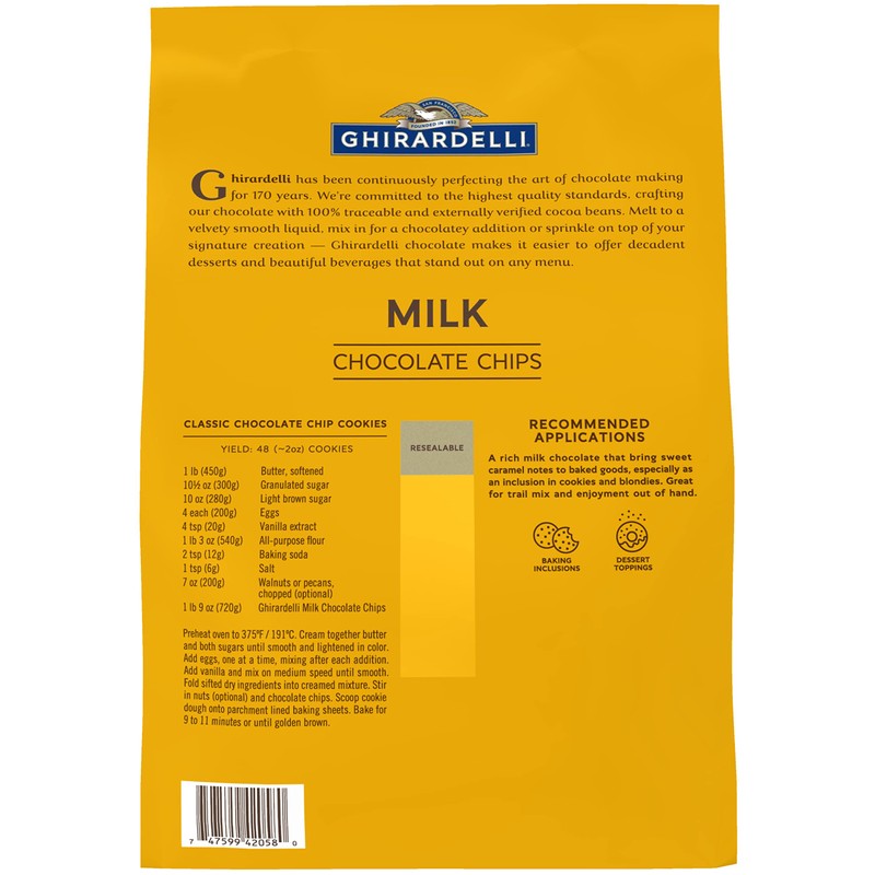 Ghirardelli Milk Chocolate Chips, 5lb Bag with Ghirardelli Stamped Barista