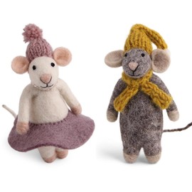 Gry & SIF Felt Mice, Handmade Christmas Decoration, Winter Decoration, Scandinavian Living Room Decoration, Decorative Felt Figures, Fairtrade, White + Grey, 15 cm, Pink Skirt, Yellow Scarf