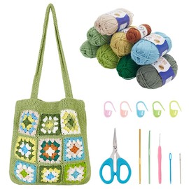 ORIGACH DIY Crochet Tote Bag Kit for Adults, Green Crochet Granny Square Shoulder Bag Set for Starter, Complete Crochet Accessories Tools to Make a Bag with Instruction and Video