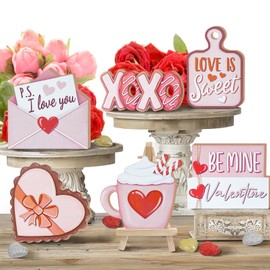 Uruney Valentines Day Tiered Tray Decor Set, Peach Pink Sweet Dessert Wood Tray Decorations, Love Letter Hearts Decorative Wooden Signs, Anniversary Wedding Farmhouse Rustic Shelf Table Home Decor