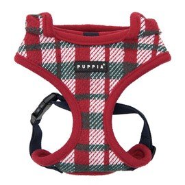 Puppia Festive Hooded Dog Harness Over-The-Head Warm Winter Checkered Pattern Adjustable Chest for Small and Medium Dog, Red, Medium