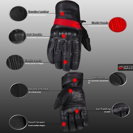 Jackets 4 Bikes Motorcycle Leather Gloves for Men Women - Touch Screen, Gel Padding, Knuckle & Palm Protection, Motorbike Cruiser Street Biker Glove BlackRed XXL