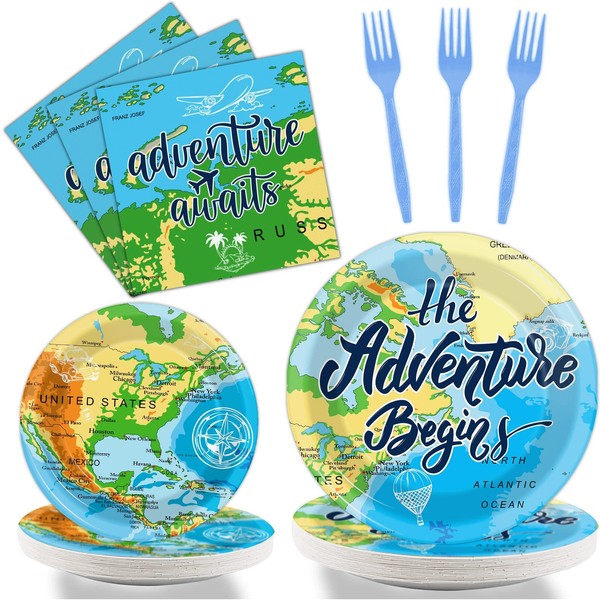 Wiooffen 96 Pcs Adventure Awaits Party Supplies Travel Map Party Plates Napkins Forks for Birthday Retirement Going Away Bon Voyage Party Tableware Set Adventure World Party Decorations 24 Guests
