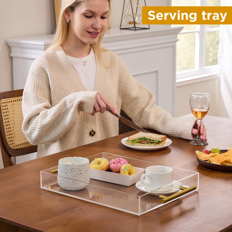11"x14" Clear Acrylic Serving Tray with Golden Handles, Sturdy Huge