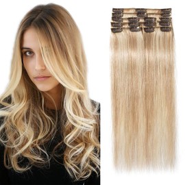 22" Remy Hair Extensions Clip in Human Hair 8 Pieces 18 Clips Full Head Light Straight Hairpiece Can be Curled and Dyed (22 inch,75g,#18/613 Ash Blonde&Bleach Blonde)