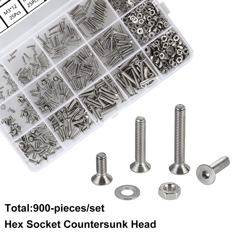 FandWay 900Pcs M2 M2.5 M3 Hex Socket Countersunk Screws,304 Stainless