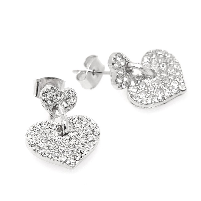 Spinningdaisy Silver Plated Crystal Double Heart Earrings