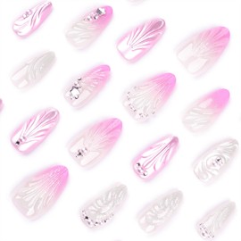 Summer Press on Nails Medium Almond Fake Nails Gradient Nails Press ons Glossy Glue on Nails Pink False Nails with 3D Pearl Shell Water Drop Designs Glitter Stick on Nails for Women 24Pcs