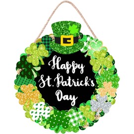 St. Patrick's Day Wooden Wall Sign - Green Shamrock Decor, 12" x 12" Round Sign with Rope for Door Mount, Happy St. Patrick's Day