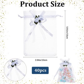 Beebeecraft 40Pcs Organza Wedding Favor Bags 3.9x6 Inch White Rose Mesh 3D Flower Gift Storage Pouch for Candy Party