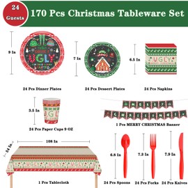 170 Pcs Christmas Tableware Disposable Party Supplies, Ugly Sweater Party Decorations Set with Plates and Napkins, Cups, Tablecloth Kit Serves 24 Guests for Xmas Holiday Party Disposable Supplies