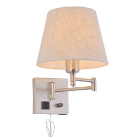 Bedside Wall Mount Light with Dimmable Switch and Outlet, Swing Arm Fabric Shade Wall Sconce Light with USB Port and Plug in Cord, Satin Nickel Wall Lamp for Bedroom, Living Room and Hotel