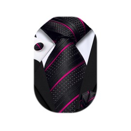 Dubulle Mens Paisley Striped Tie and Handkerchief Cufflinks Tie Set for Men Wedding Business Formal,Black Hot Pink