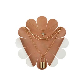 Allereya Punk Layered Chain Necklace Gold CZ Star Pendant Necklace Vintage Lock Choker Necklace Chunky Paper Clip Chain Necklace Jewellery for Women and Girls