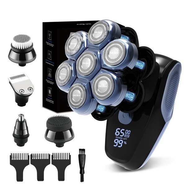 Electric Head Shaver for Bald Men, Sejoy 5-in-1 Electric Razor Floating Heads, Wet & Dry IPX7 Waterproof Rechargeable 7D Rotary Shaver, LED Display 3-Speed Skull Shaver Grooming Kit